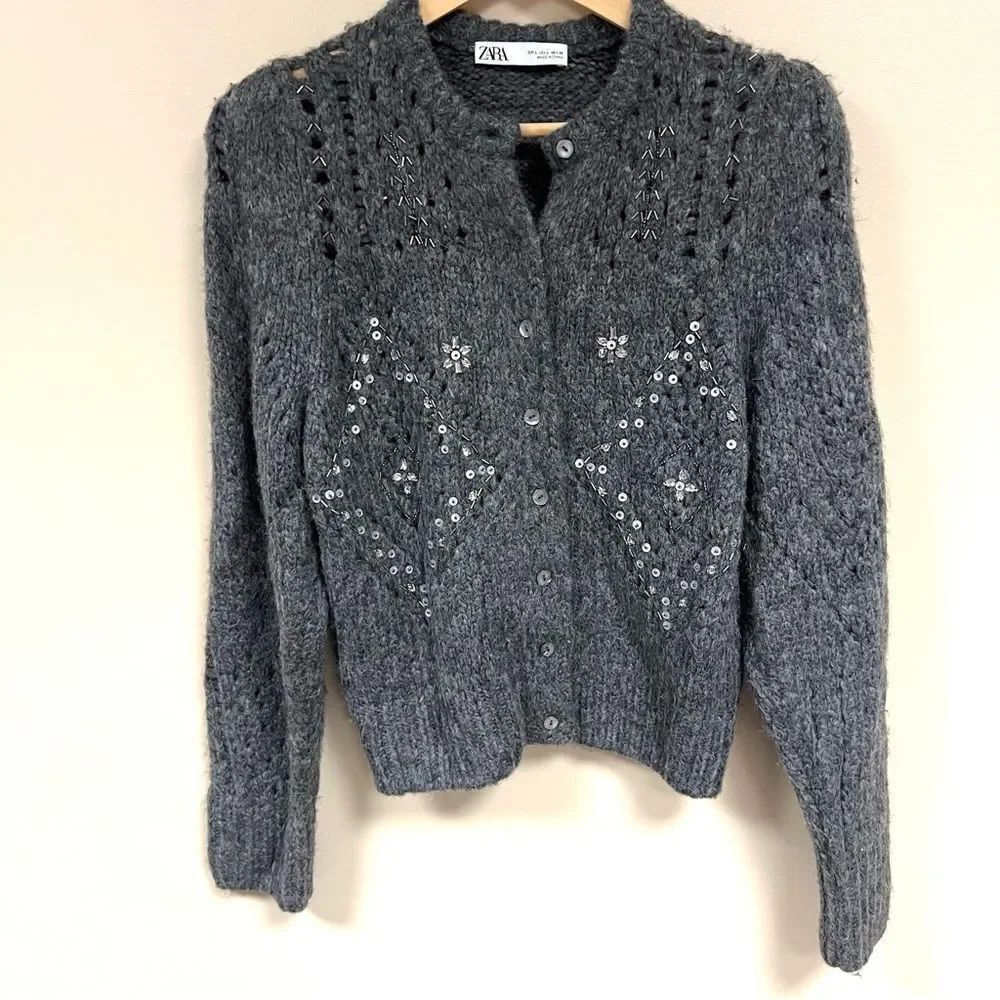 Zara Charcoal Knit embellished Cardigan L